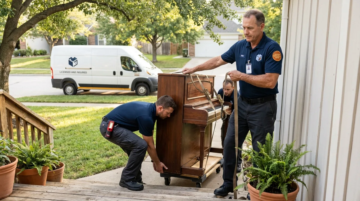 Licensed piano movers securing grand piano in Bamberg, SC