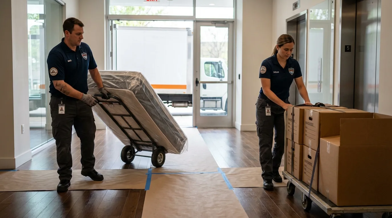 Professional apartment movers loading elevator in Bamberg, SC